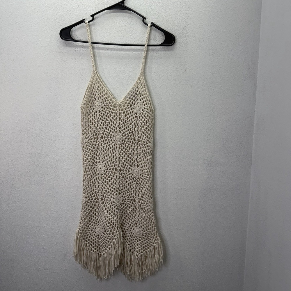 Olia Crochet Beach Mini Dress Fringe Boho Festival Coastal Fishnet Indie Sz S
